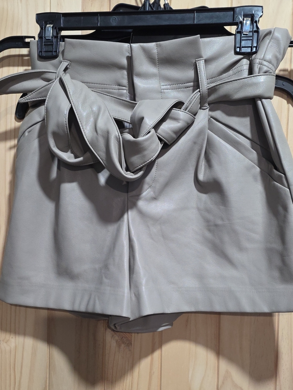 High-Waist Faux Leather Paperbag Shorts with Tie Belt - Taupe